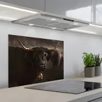 KitchenYeah Spatscherm 70x50 cm - Zelfklevende achterwand Schotse hooglander - Goud - Koebel - Hoorns - Dieren - Keuken muurbeschermer - Spatwand fornuis