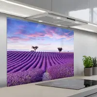 KitchenYeah Spatscherm 100x75 cm - Zelfklevende achterwand Lavendel - Natuur - Paars - Bomen - Bloemen - Keuken muurbeschermer - Spatwand fornuis