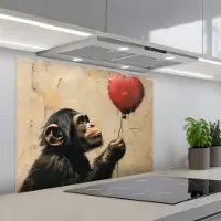 KitchenYeah Spatscherm 90x70 cm - Zelfklevende achterwand Street art - Chimpansee - Ballon - Graffiti - Banksy Style - Keuken muurbeschermer - Spatwand fornuis