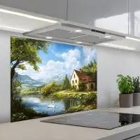 KitchenYeah Spatscherm 90x70 cm - Zelfklevende achterwand Zwaan - Bomen - Rust - Keuken muurbeschermer - Spatwand fornuis