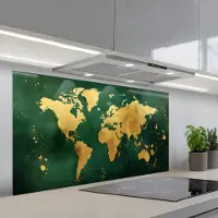 KitchenYeah Spatscherm 120x60 cm - Zelfklevende achterwand Wereldkaart - Groen - Goud - Keuken muurbeschermer - Spatwand fornuis