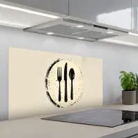 KitchenYeah Spatscherm 100x50 cm - Zelfklevende achterwand Zwart - Bestek - Rondje - Keuken muurbeschermer - Spatwand fornuis