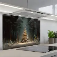 KitchenYeah Spatscherm 80x55 cm - Zelfklevende achterwand Kerstboom - Bos - Sneeuw - meerkleurig - Keuken muurbeschermer - Spatwand fornuis