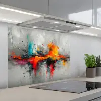KitchenYeah Spatscherm 90x70 cm - Zelfklevende achterwand Modern - Oranje - Grijs - Kunst - Keuken muurbeschermer - Spatwand fornuis