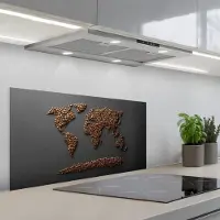 KitchenYeah Spatscherm 80x40 cm - Zelfklevende achterwand Wereldkaart - Koffie - Grijs - Keuken muurbeschermer - Spatwand fornuis