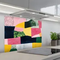KitchenYeah Spatscherm 80x60 cm - Zelfklevende achterwand Abstract - Roze - Lappen - Vormen - Geel - Keuken muurbeschermer - Spatwand fornuis