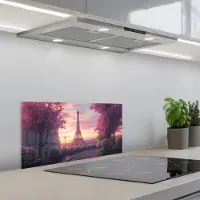 KitchenYeah Spatscherm 60x30 cm - Zelfklevende achterwand Eiffeltoren - Parijs - Roze - Keuken muurbeschermer - Spatwand fornuis