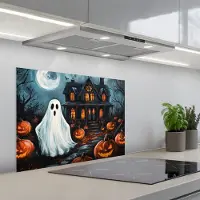 KitchenYeah Spatscherm 70x50 cm - Zelfklevende achterwand Halloween - Spookhuis - Pompoen - Spook - Keuken muurbeschermer - Spatwand fornuis