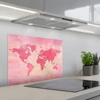 KitchenYeah Spatscherm 70x50 cm - Zelfklevende achterwand Wereldkaart - Roze - Vaag - Keuken muurbeschermer - Spatwand fornuis