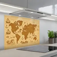 KitchenYeah Spatscherm 90x70 cm - Zelfklevende achterwand Wereldkaart - Fantasiestijl - Bruin - Keuken muurbeschermer - Spatwand fornuis