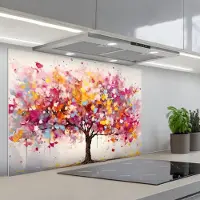 KitchenYeah Spatscherm 90x60 cm - Zelfklevende achterwand Aquarel - Boom - Kunst - Abstract - Keuken muurbeschermer - Spatwand fornuis