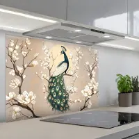 KitchenYeah Spatscherm 90x60 cm - Zelfklevende achterwand Pauw - Tak - Bloemen - Keuken muurbeschermer - Spatwand fornuis