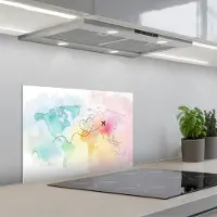KitchenYeah Spatscherm 60x40 cm - Zelfklevende achterwand Wereldkaart - Regenboog - Vliegtuig - Keuken muurbeschermer - Spatwand fornuis
