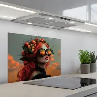 KitchenYeah Spatscherm 70x50 cm - Zelfklevende achterwand Vrouw - Kroon - Tomaat - Bascilicum - Zonnebril - Keuken muurbeschermer - Spatwand fornuis