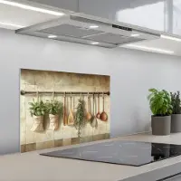KitchenYeah Spatscherm 60x45 cm - Zelfklevende achterwand Hout - Keukengerei - Stilleven - Tegels - Keuken muurbeschermer - Spatwand fornuis