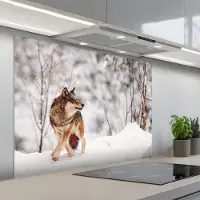KitchenYeah Spatscherm 100x75 cm - Zelfklevende achterwand Wolf - Winter - Sneeuw - Natuur - Dieren - Keuken muurbeschermer - Spatwand fornuis