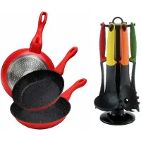 Cheffinger Koekenpannen - Set van 3 - Incl. Keukengerei Set - 7-delig - Rood
