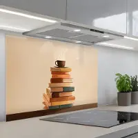KitchenYeah Spatscherm 80x55 cm - Zelfklevende achterwand Boeken - Toren - Koffie - Beige - Keuken muurbeschermer - Spatwand fornuis