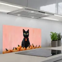 KitchenYeah Spatscherm 90x45 cm - Zelfklevende achterwand Kat - Pompoen - Roze - Keuken muurbeschermer - Spatwand fornuis
