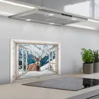 KitchenYeah Spatscherm 60x40 cm - Zelfklevende achterwand Hert - Winterlandschap - Natuur - Dieren - Doorkijk - Bergen - Keuken muurbeschermer - Spatwand fornuis