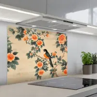 KitchenYeah Spatscherm 90x70 cm - Zelfklevende achterwand Vogel - Tak - Bloemen - Oranje - Keuken muurbeschermer - Spatwand fornuis