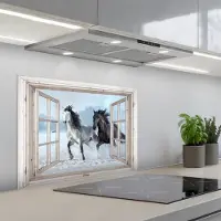 KitchenYeah Spatscherm 70x55 cm - Zelfklevende achterwand Doorkijk - Paarden - Winter - Dieren - Natuur - Wit - Keuken muurbeschermer - Spatwand fornuis