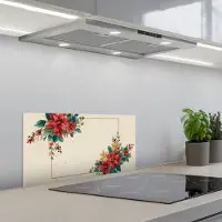 KitchenYeah Spatscherm 70x30 cm - Zelfklevende achterwand Kerst - Poinsettia - Omlijsting - Kleurrijk - Keuken muurbeschermer - Spatwand fornuis
