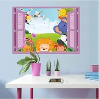 Giftwebshop Moderne muursticker – Zachte kleuren – Raam – Leeuw – Olifant – Zebra – Poes – Muurstickers kinderkamer – Babykamer – Accessoires babykamer – Raam – 50 x 70 (lxb) cm