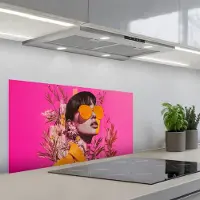KitchenYeah Spatscherm 80x40 cm - Zelfklevende achterwand Zonnebril - Oranje - Vrouw - Planten - Keuken muurbeschermer - Spatwand fornuis