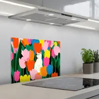 KitchenYeah Spatscherm 60x45 cm - Zelfklevende achterwand Tulpen - Kat - Kleurrijk - Keuken muurbeschermer - Spatwand fornuis