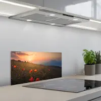 KitchenYeah Spatscherm 70x30 cm - Zelfklevende achterwand Bloemenveld - Gras - Bloemen - Planten - Zonsondergang - Oranje - Keuken muurbeschermer - Spatwand fornuis