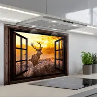 KitchenYeah Spatscherm 80x55 cm - Zelfklevende achterwand Hert - Herfst - Dieren - Natuur - Bos - Doorkijk - Keuken muurbeschermer - Spatwand fornuis