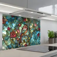 KitchenYeah Spatscherm 90x60 cm - Zelfklevende achterwand Vogel - Tak - Rozen - Mozaïek - Keuken muurbeschermer - Spatwand fornuis