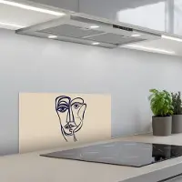 KitchenYeah Spatscherm 70x30 cm - Zelfklevende achterwand Minimalistisch - Lijnillustratie - Beige - Donkerblauw - Keuken muurbeschermer - Spatwand fornuis