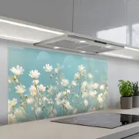 KitchenYeah Spatscherm 120x60 cm - Zelfklevende achterwand Stengels - Bloemen - Lucht - Wit - Keuken muurbeschermer - Spatwand fornuis
