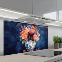 KitchenYeah Spatscherm 120x60 cm - Zelfklevende achterwand Kat - Felgekleurde bloemen - Vaas - Keuken muurbeschermer - Spatwand fornuis