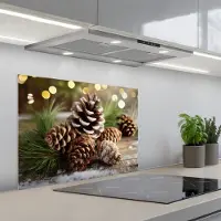 KitchenYeah Spatscherm 70x55 cm - Zelfklevende achterwand Dennenappels - Kerstsfeer - Bruin - Groen - Keuken muurbeschermer - Spatwand fornuis