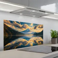 KitchenYeah Spatscherm 100x50 cm - Zelfklevende achterwand Berg - Rivier - Zonsondergang - Keuken muurbeschermer - Spatwand fornuis