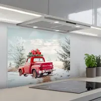 KitchenYeah Spatscherm 80x60 cm - Zelfklevende achterwand Auto - Rood - Cadeaus - Winter - Sneeuw - Kerst - Keuken muurbeschermer - Spatwand fornuis