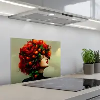 KitchenYeah Spatscherm 60x45 cm - Zelfklevende achterwand Vrouw - Appels - Rood - Bladeren - Keuken muurbeschermer - Spatwand fornuis