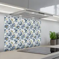 KitchenYeah Spatscherm 80x60 cm - Zelfklevende achterwand Bloemen - Wit - Blauw - Keuken muurbeschermer - Spatwand fornuis
