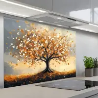 KitchenYeah Spatscherm 120x80 cm - Zelfklevende achterwand Herfst - Boom - Oranje - Bladeren - Levensboom - Abstract - Keuken muurbeschermer - Spatwand fornuis