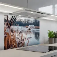 KitchenYeah Spatscherm 90x70 cm - Zelfklevende achterwand Riet - Gras - Natuur - Winter - Meer - Keuken muurbeschermer - Spatwand fornuis