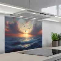 KitchenYeah Spatscherm 80x60 cm - Zelfklevende achterwand Meeuwen - Zonsondergang - Zee - Wolken - Keuken muurbeschermer - Spatwand fornuis
