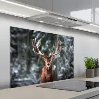 KitchenYeah Spatscherm 100x65 cm - Zelfklevende achterwand Hert - Winter - Sneeuw - Bos - Natuur - Dier - Keuken muurbeschermer - Spatwand fornuis