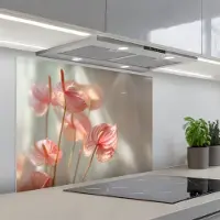 KitchenYeah Spatscherm 90x70 cm - Zelfklevende achterwand Bloemen - Stelen - Roze - Schaduw - Keuken muurbeschermer - Spatwand fornuis