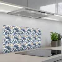 KitchenYeah Spatscherm 90x45 cm - Zelfklevende achterwand Bloem - Blauw - Goud - Patroon - Keuken muurbeschermer - Spatwand fornuis