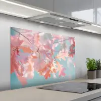 KitchenYeah Spatscherm 100x65 cm - Zelfklevende achterwand Eikenbladeren - Takken - Roze - Keuken muurbeschermer - Spatwand fornuis