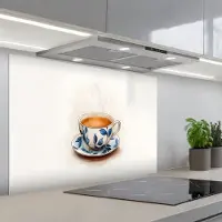 KitchenYeah Spatscherm 90x60 cm - Zelfklevende achterwand Theekop - Bladeren - Blauw - Keuken muurbeschermer - Spatwand fornuis