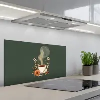 KitchenYeah Spatscherm 80x40 cm - Zelfklevende achterwand Kop - Bloemen - Groen - Koffie - Keuken muurbeschermer - Spatwand fornuis